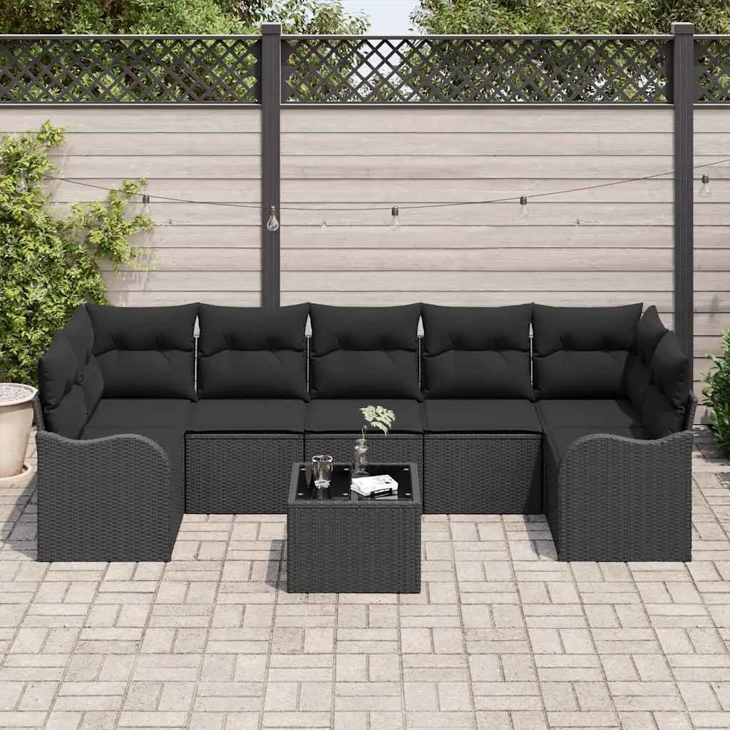Outdoor Garden Sofa Set 8 Piece Modular Black Poly Rattan Steel Glass Table
