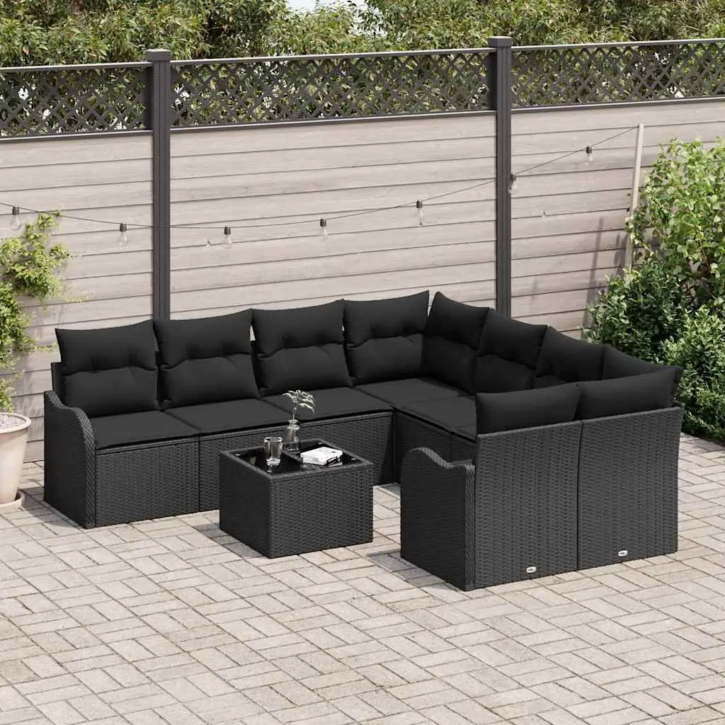 Modular Garden Sofa Set 9 Pieces Black Poly Rattan Steel Glass Outdoor