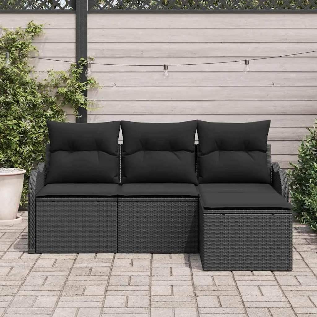 Modular Garden Sofa Set Black Poly Rattan 4 Piece with Storage