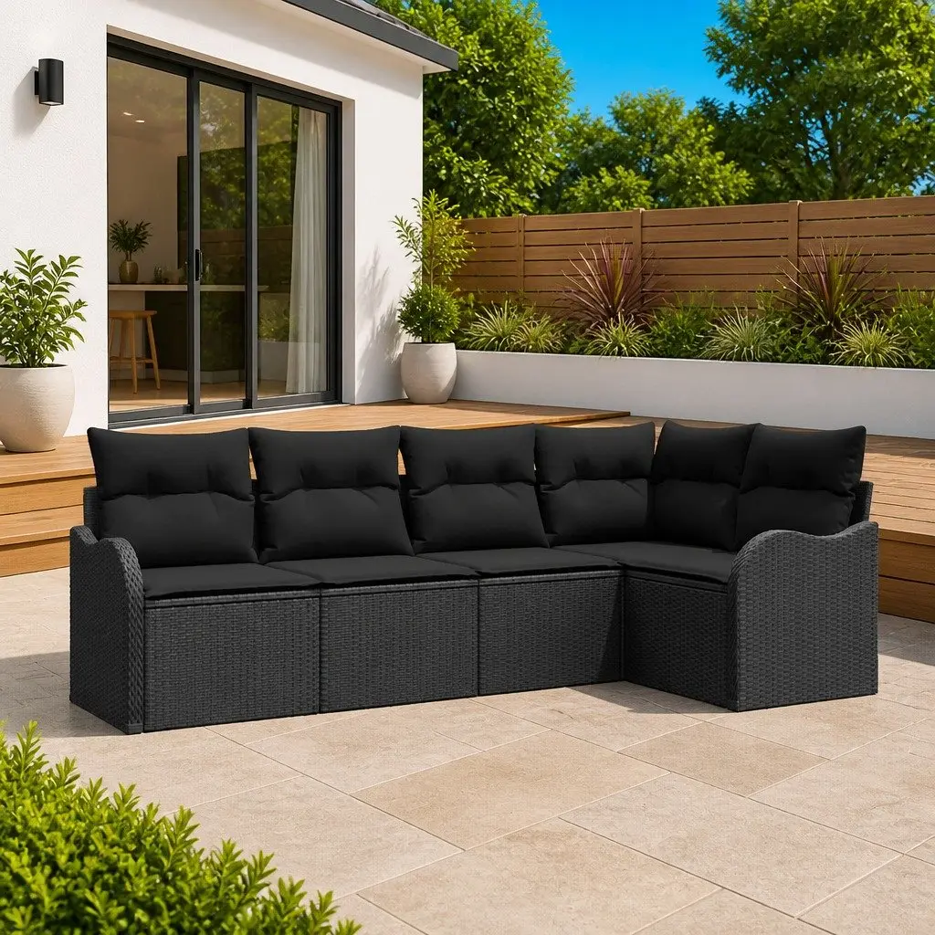 5 Piece Modular Rattan Garden Sofa Set with Storage Black