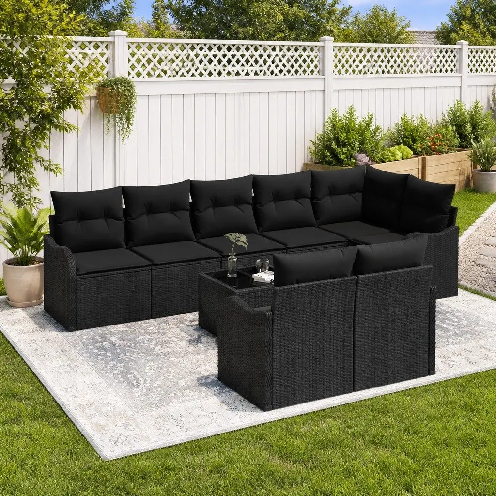 Garden Sofa Set Modular Outdoor Furniture Black Poly Rattan 9 Piece with Storage
