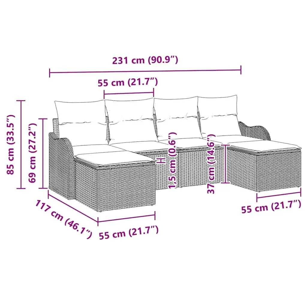 Outdoor Sectional Sofa Set 6 Piece Modular Black Poly Rattan Patio Furniture