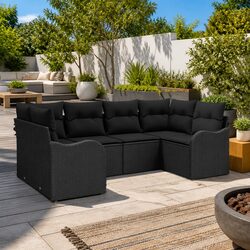 Outdoor Garden Sofa Set 6 Piece Modular Lounge with Cushions Black Poly Rattan