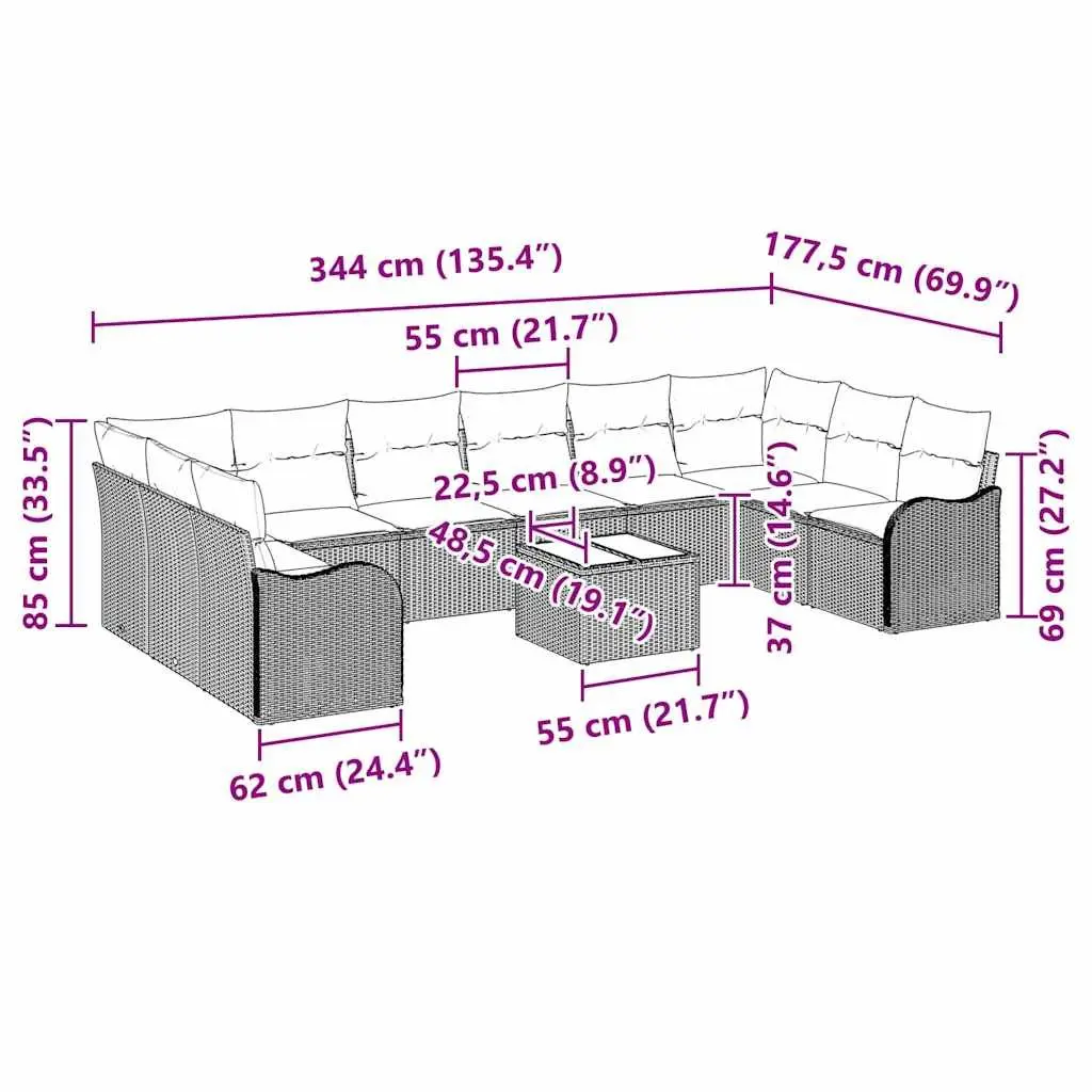 Outdoor Rattan Furniture Modular Sofa Set with Storage Black 11 Pieces