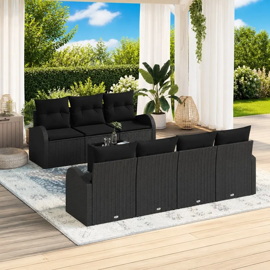 Modular Outdoor Sofa Set 8 Pieces Black Poly Rattan with Glass Table and Cushions