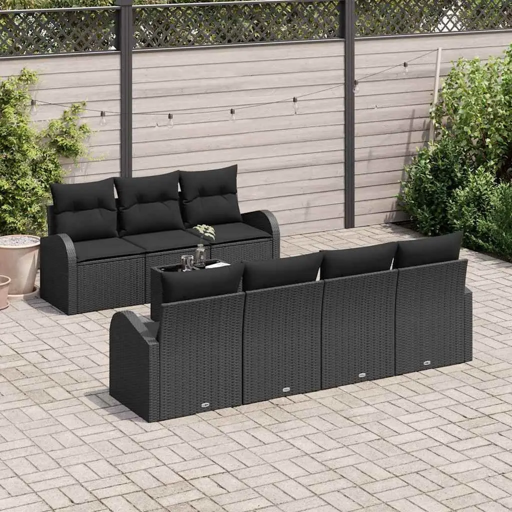 Modular Outdoor Sofa Set 8 Pieces Black Poly Rattan with Glass Table and Cushions