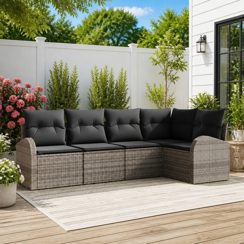 Modular Outdoor Garden Sofa Set 5 Piece Grey Poly Rattan Furniture