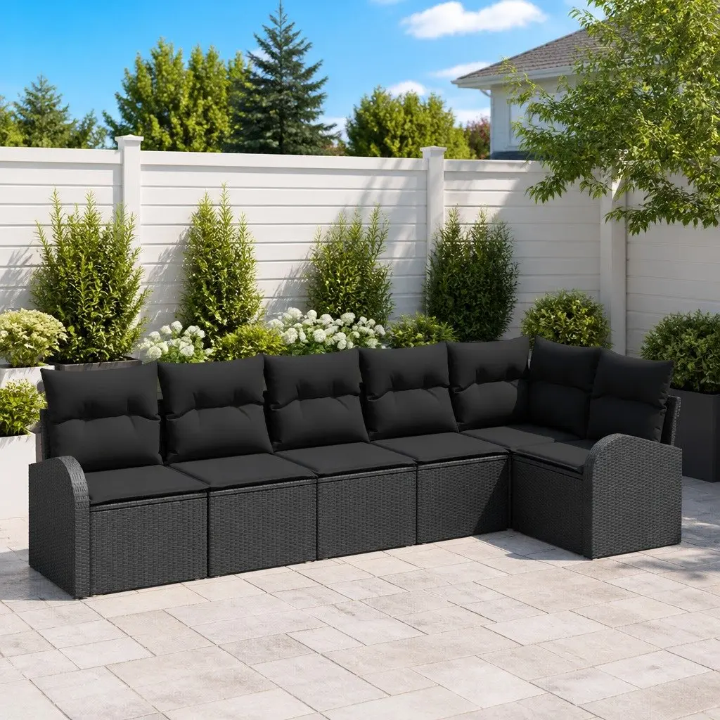 Garden Sofa Set 6 pcs Black Woven Poly Rattan Outdoor Furniture with Cushions