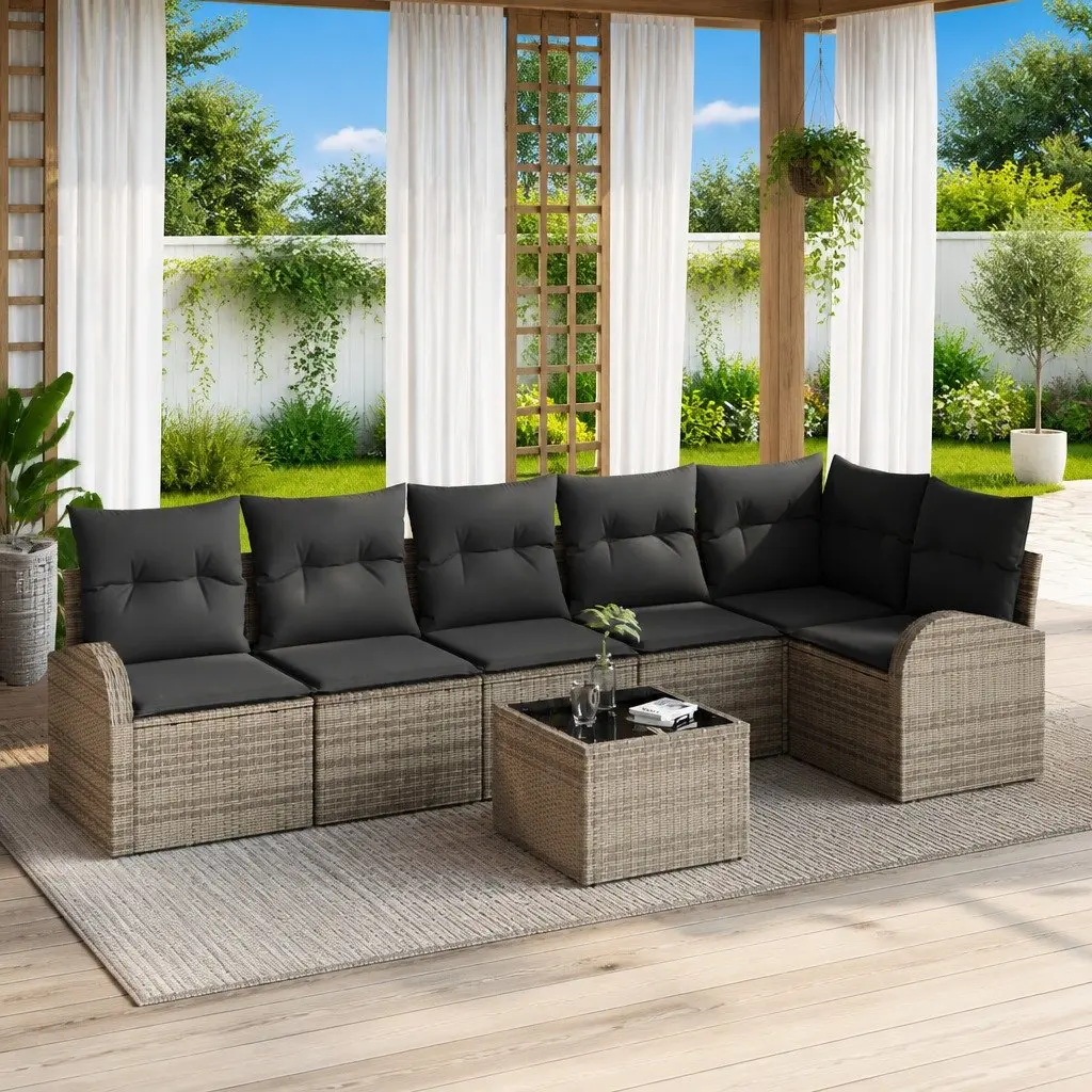 Garden Sofa Set 7 Pieces Grey Woven Poly Rattan Outdoor Furniture