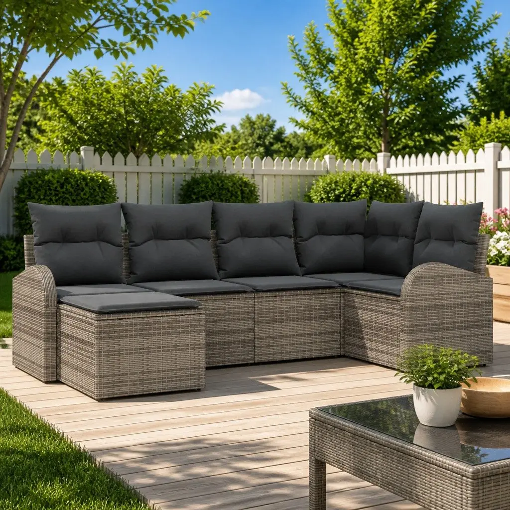 Outdoor Sofa Set 6 Piece Modular Garden Furniture Grey Poly Rattan with Storage