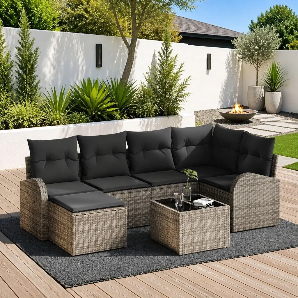 Modular Outdoor Garden Sofa Set Grey Poly Rattan 7 Piece with Storage Cushions