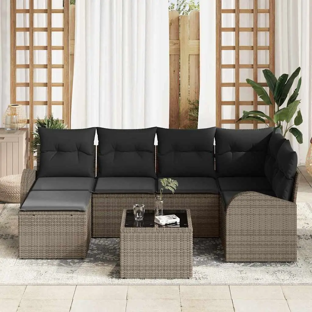 Modular Outdoor Garden Sofa Set Grey Poly Rattan 7 Piece with Storage Cushions