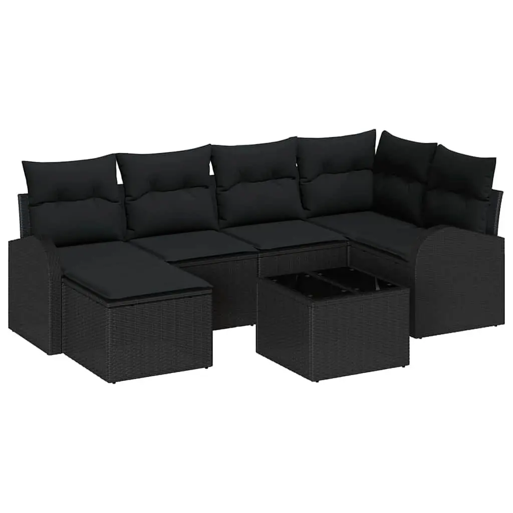Outdoor Sofa Set Modular Black Poly Rattan 7 Pieces with Storage Cushions