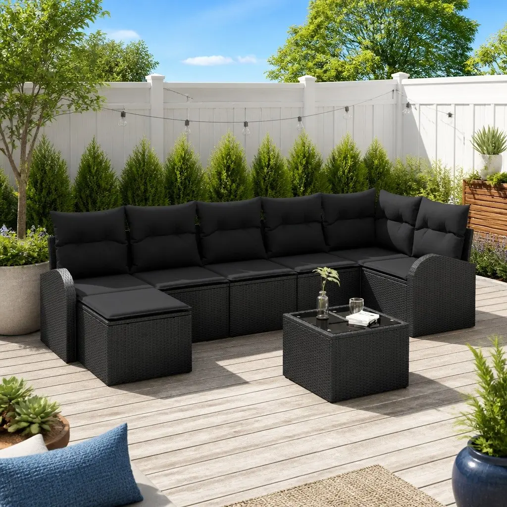 Outdoor Sofa Set Modular Black Poly Rattan 8 Pieces