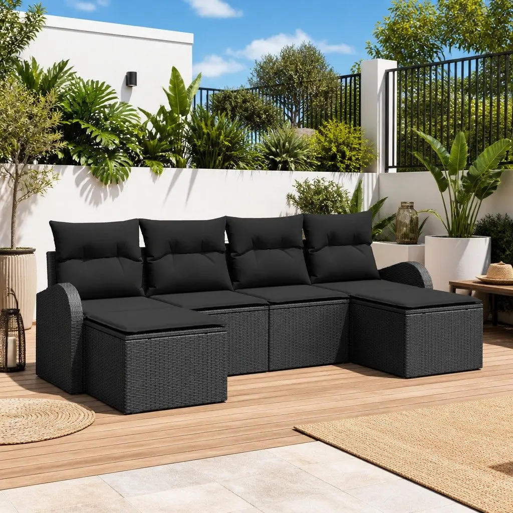 Outdoor Sofa Set 6 pcs Modular Garden Furniture Black Poly Rattan with Storage