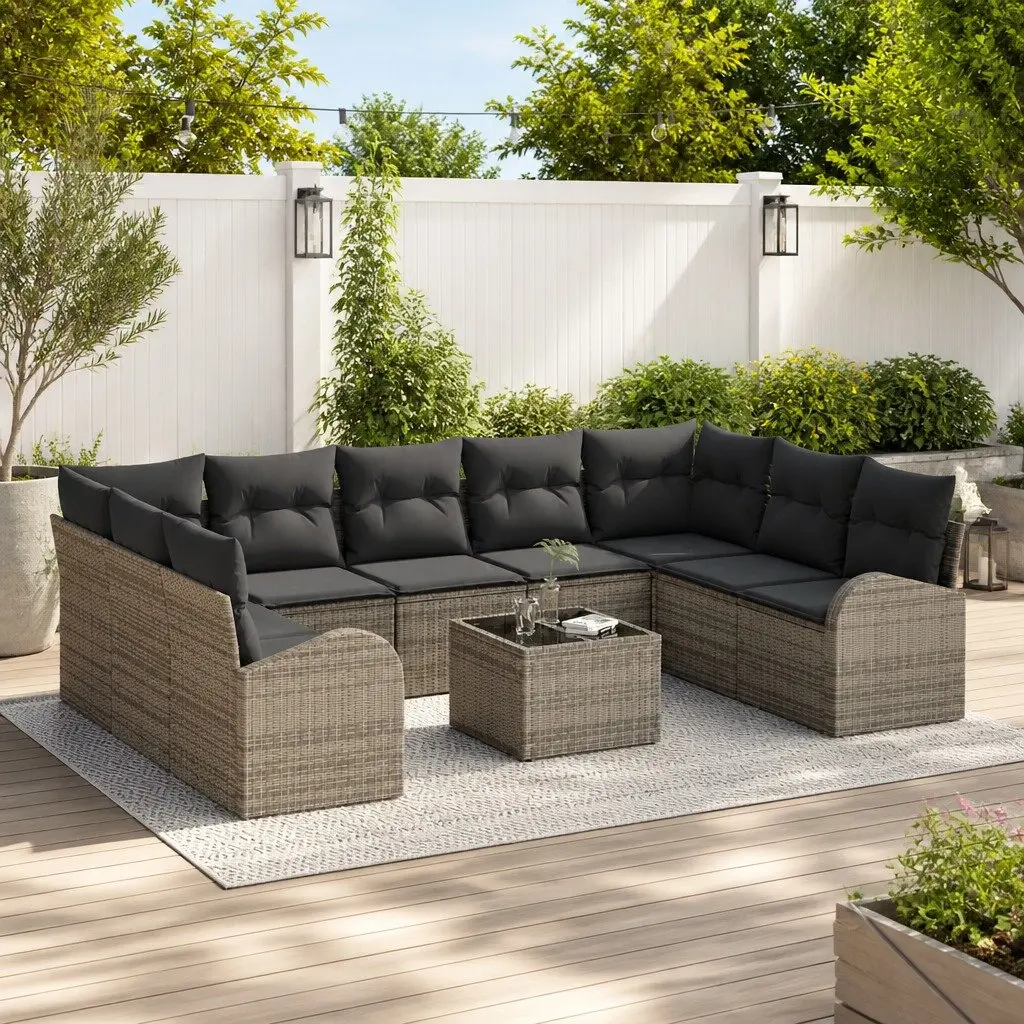 Modular Garden Sofa Set 10 Piece Grey Poly Rattan Outdoor Furniture
