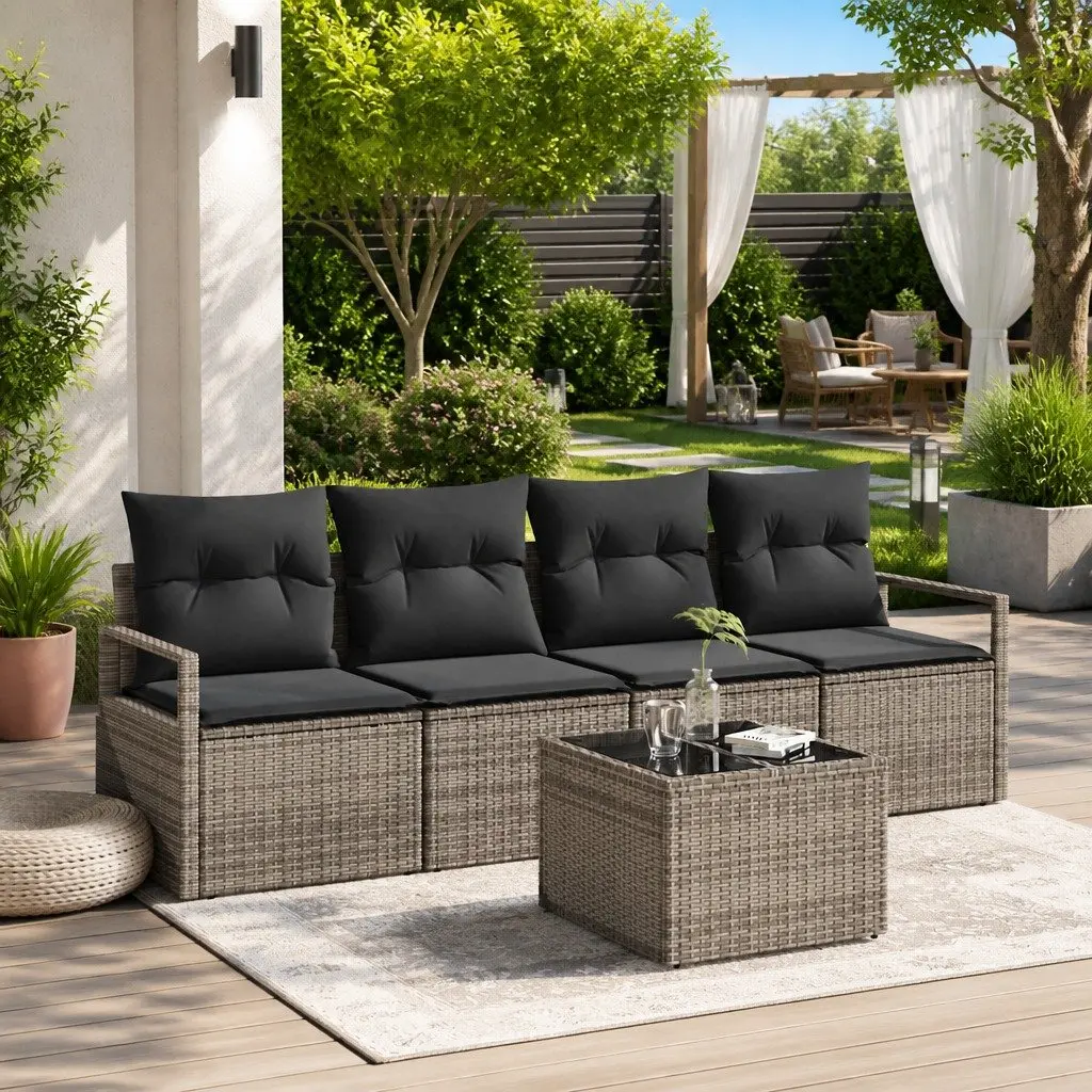 Outdoor Sofa Set Grey Poly Rattan 5 Pieces Garden Furniture