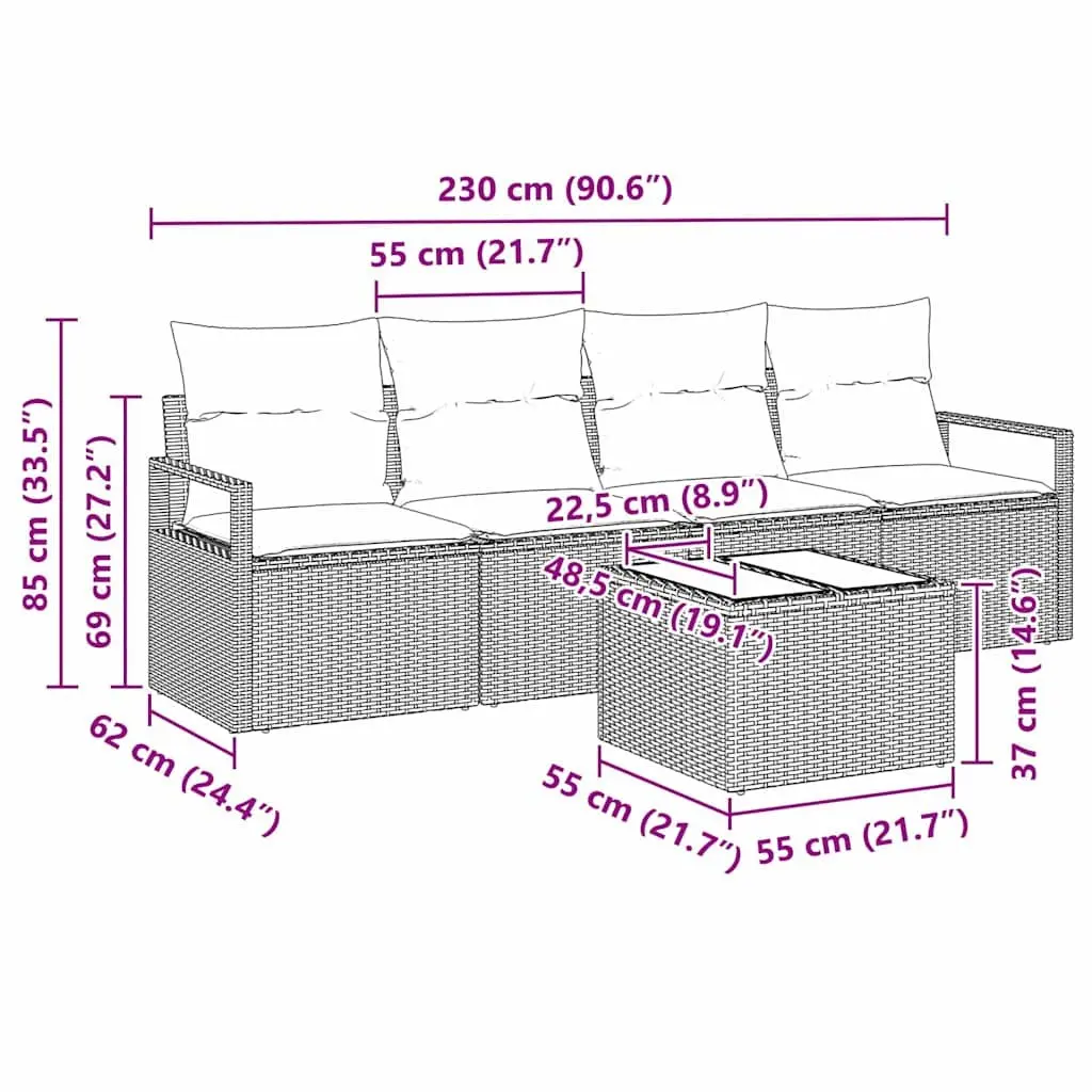 Outdoor Sofa Set Grey Poly Rattan 5 Pieces Garden Furniture