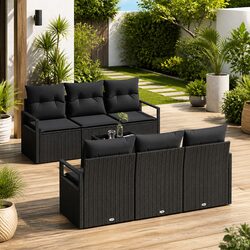 Outdoor Garden Sofa Set 7pc Black Poly Rattan Modular Seating with Cushions