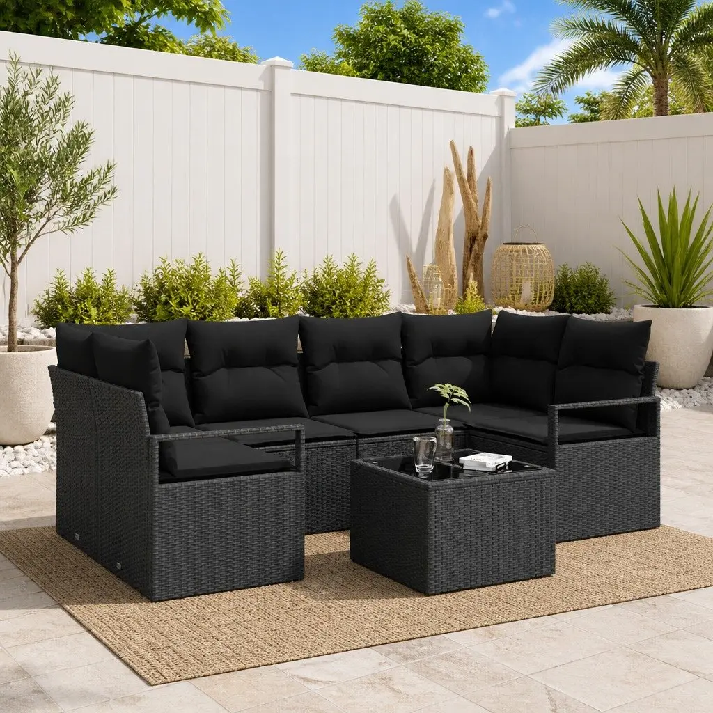 7 Piece Outdoor Garden Sofa Set Modular Black Poly Rattan Steel Glass Sectional
