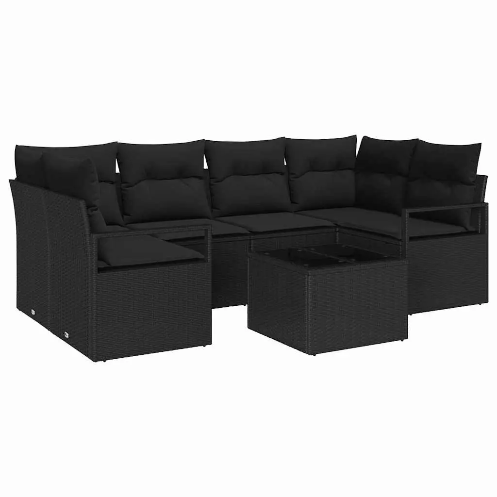 7 Piece Outdoor Garden Sofa Set Modular Black Poly Rattan Steel Glass Sectional