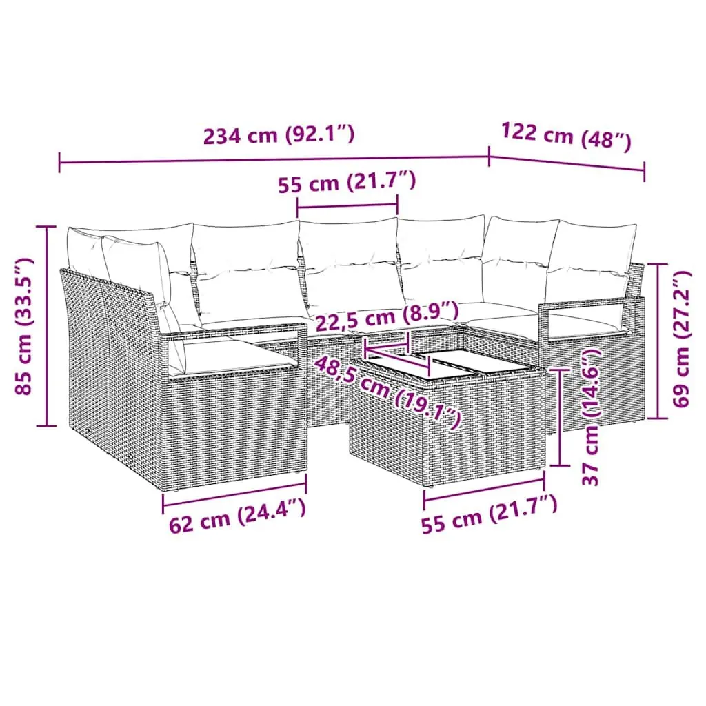 7 Piece Outdoor Garden Sofa Set Modular Black Poly Rattan Steel Glass Sectional