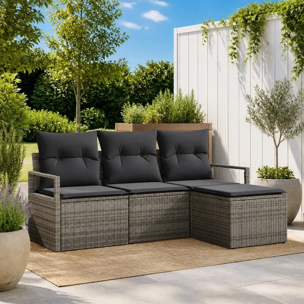 Outdoor Sofa Set Grey Poly Rattan 4 Piece Garden Furniture with Storage Cushion