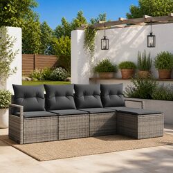 Outdoor Sofa Set 5 Piece Grey Poly Rattan Garden Seating Storage Modular Lounge