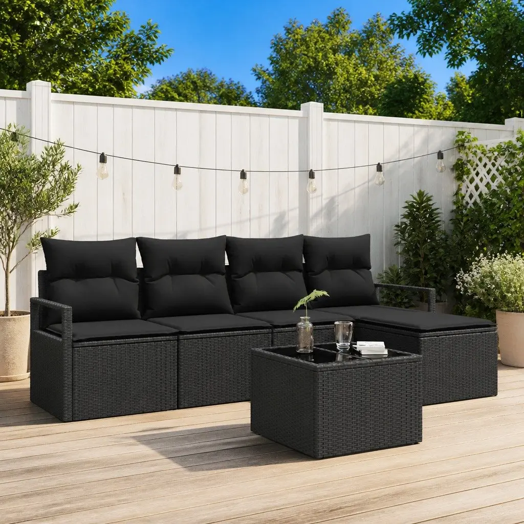 Outdoor Sofa Set 6pcs Black Poly Rattan Garden Furniture with Storage Modular