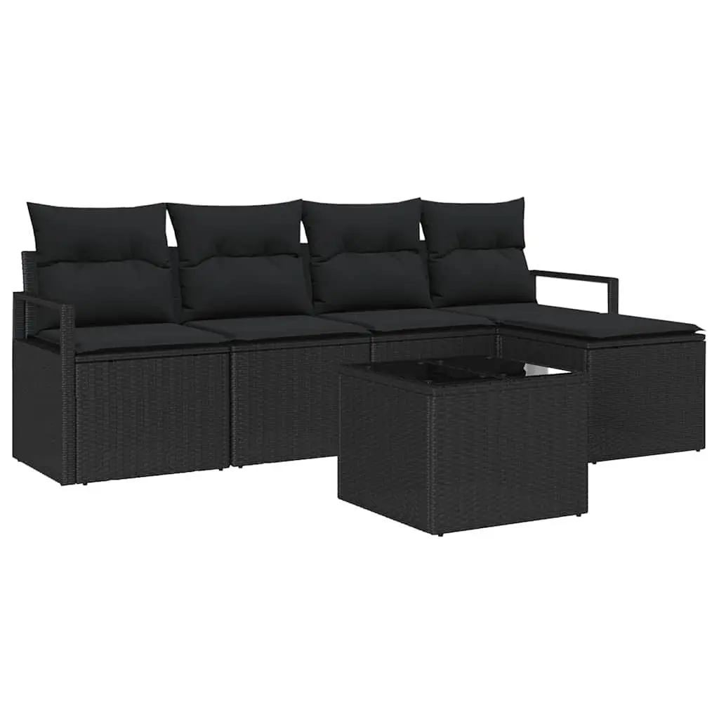 Outdoor Sofa Set 6pcs Black Poly Rattan Garden Furniture with Storage Modular