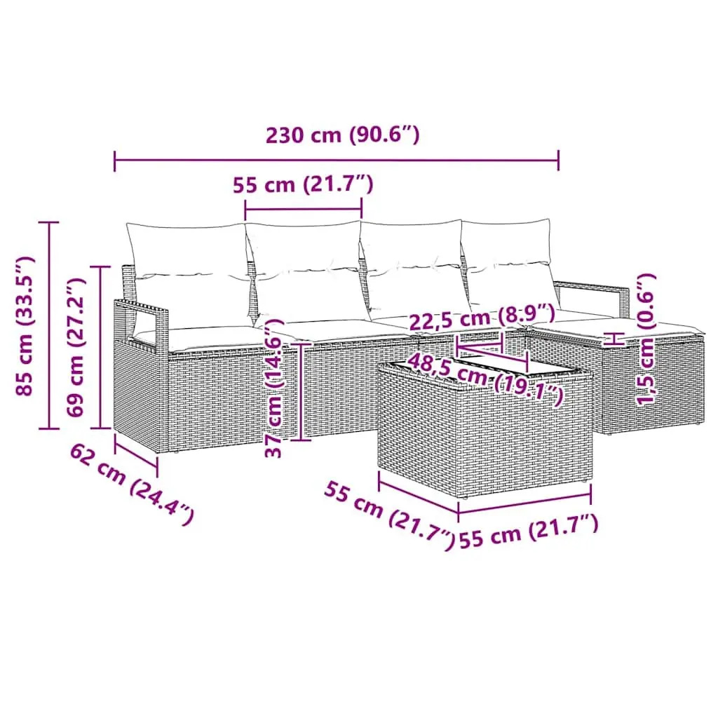 Outdoor Sofa Set 6pcs Black Poly Rattan Garden Furniture with Storage Modular