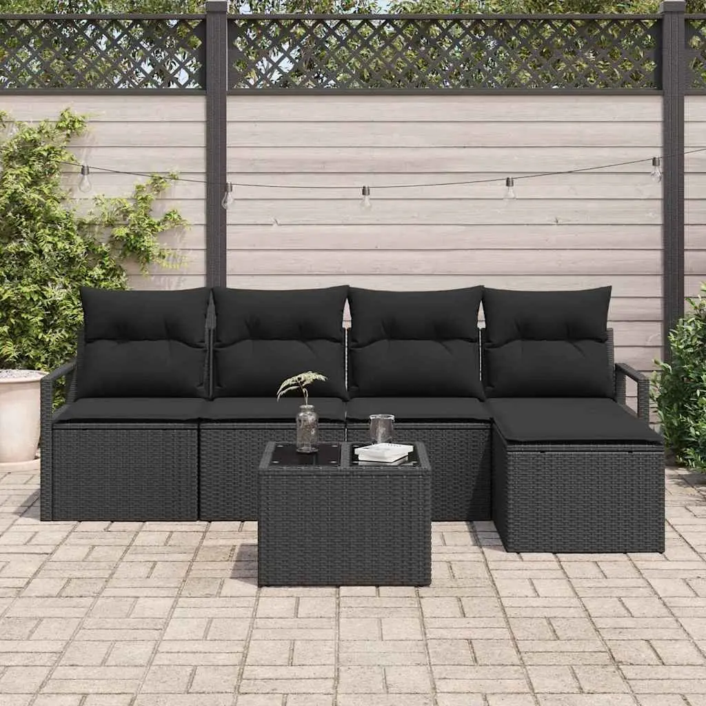 Outdoor Sofa Set 6pcs Black Poly Rattan Garden Furniture with Storage Modular