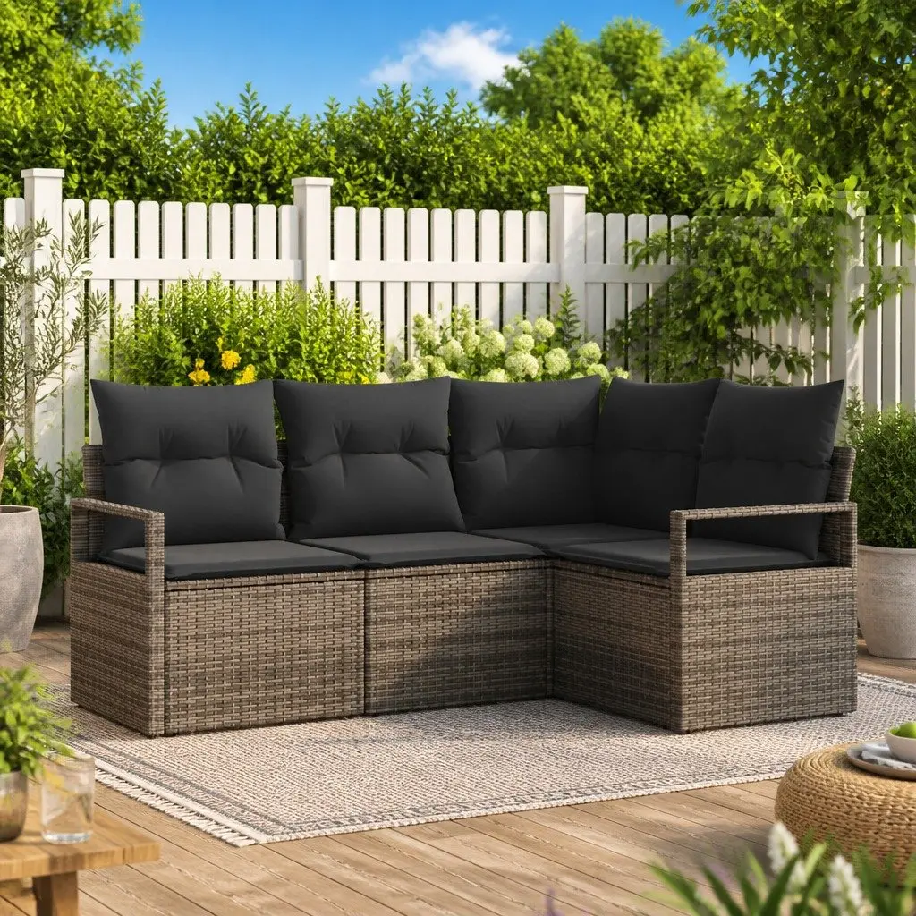Outdoor Sofa Set Modular Grey Poly Rattan 4 Piece Garden Seating with Cushion