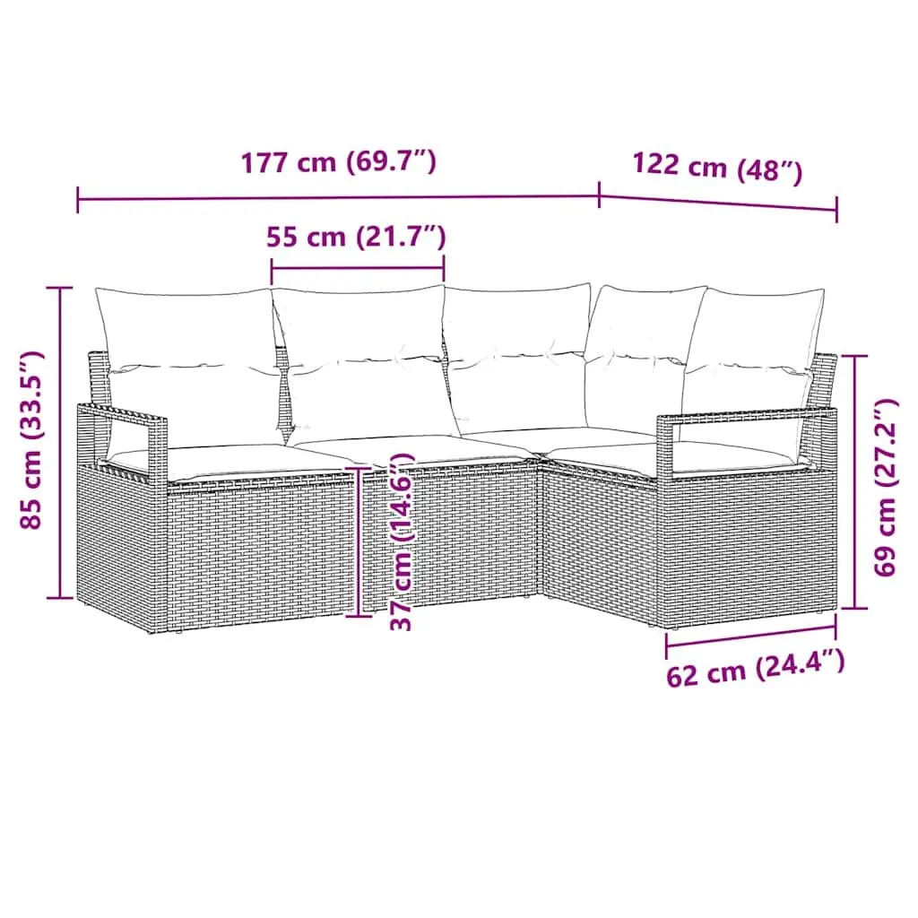 Outdoor Sofa Set Modular Grey Poly Rattan 4 Piece Garden Seating with Cushion