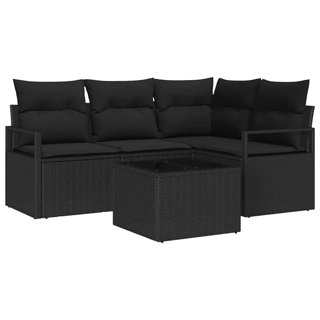 Outdoor Sofa Set 5 Pieces Black Poly Rattan Garden Seating with Storage Cushions