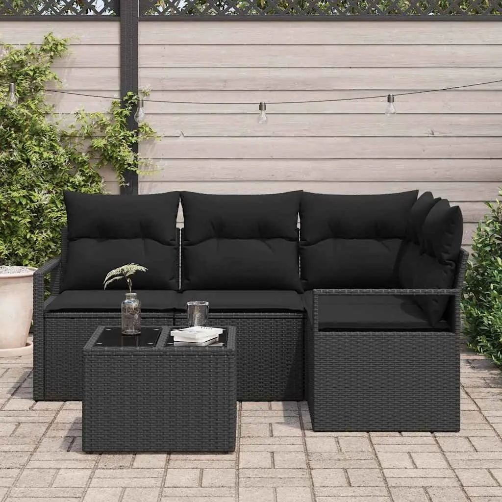 Outdoor Sofa Set 5 Pieces Black Poly Rattan Garden Seating with Storage Cushions