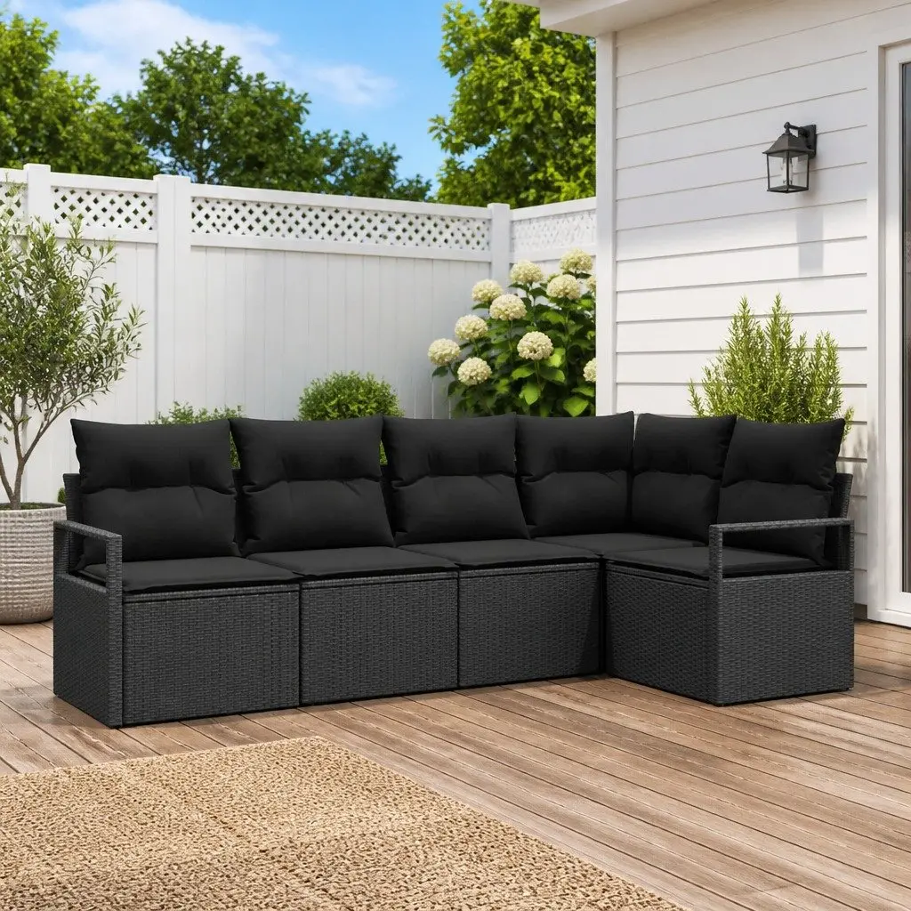 Garden Sofa Set 5 Piece Modular Outdoor Sectional Black Poly Rattan with