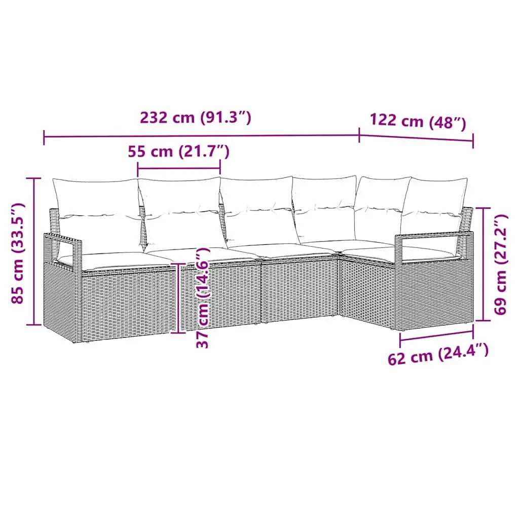 Garden Sofa Set 5 Piece Modular Outdoor Sectional Black Poly Rattan with