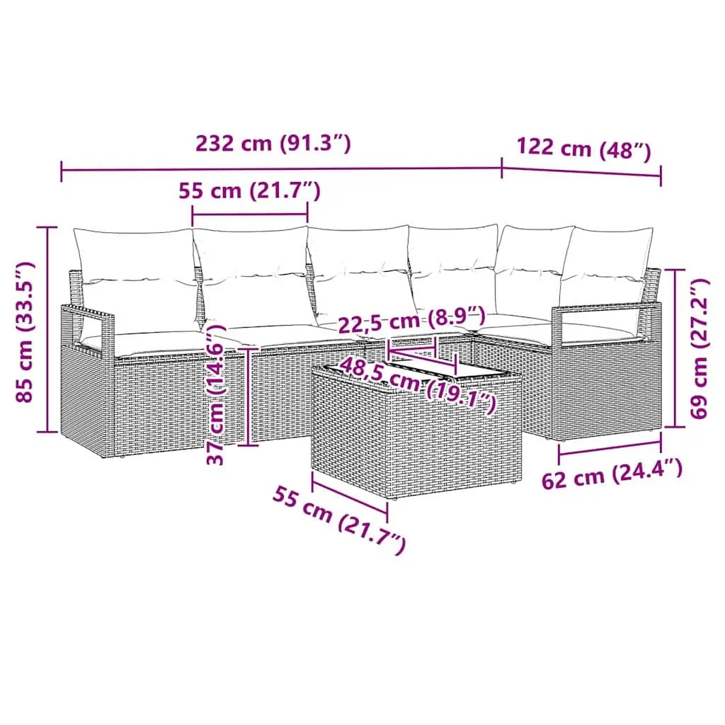 Modular Sectional Sofa Set 6 Piece Outdoor Light Grey Poly Rattan Garden Furniture