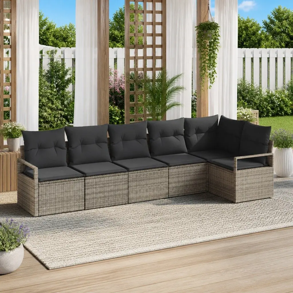 Outdoor Garden Sofa Set Modular Grey Poly Rattan 6 Piece with Cushions