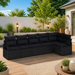 Outdoor Garden Sofa Set 6 Pieces Black Poly Rattan Modular Lounge Seating