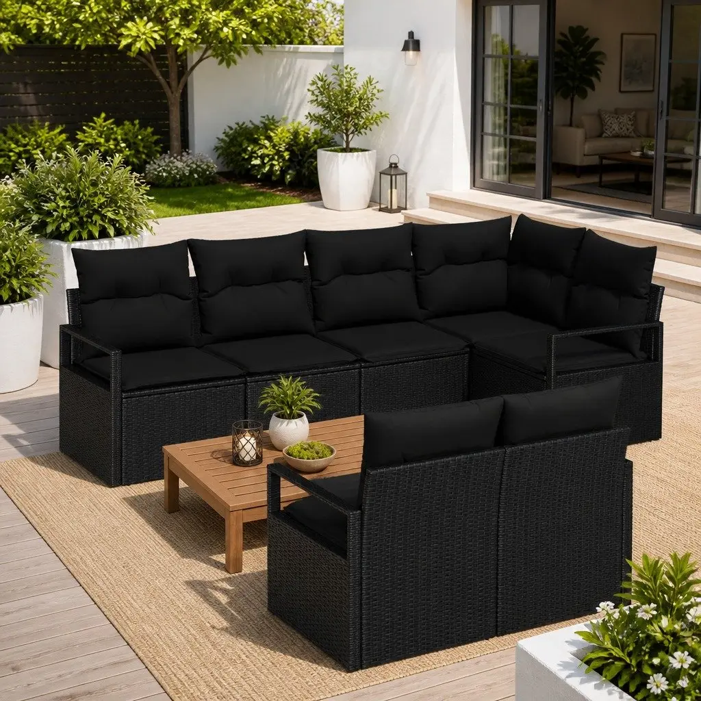 Outdoor Sofa Set 7-Piece Garden Poly Rattan Seating Lounge Black