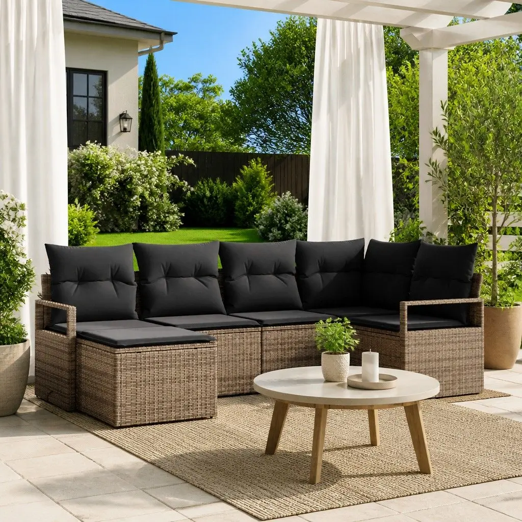 Outdoor Sofa Set 6 Piece Grey Poly Rattan Modular Garden Furniture Storage