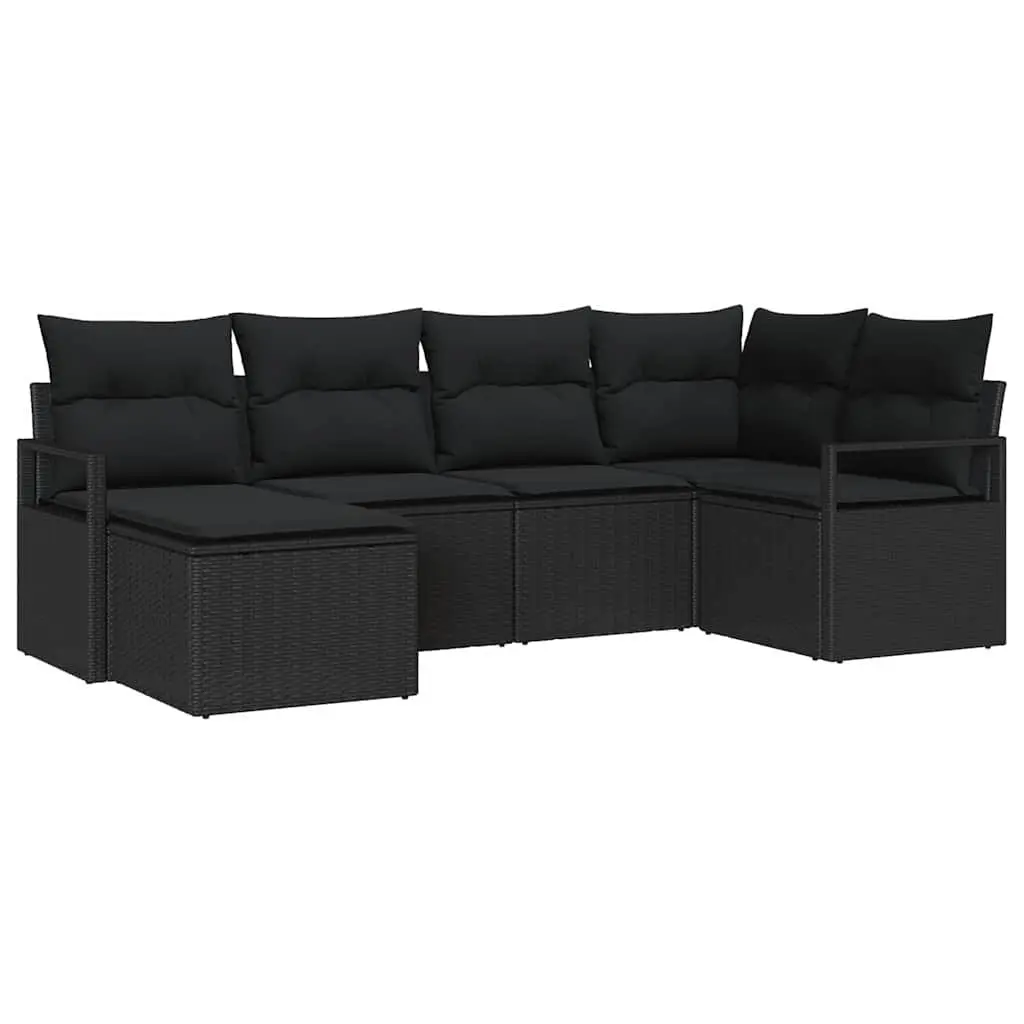 Outdoor Sofa Set 6 Pieces Modular Black Poly Rattan with Storage Cushion