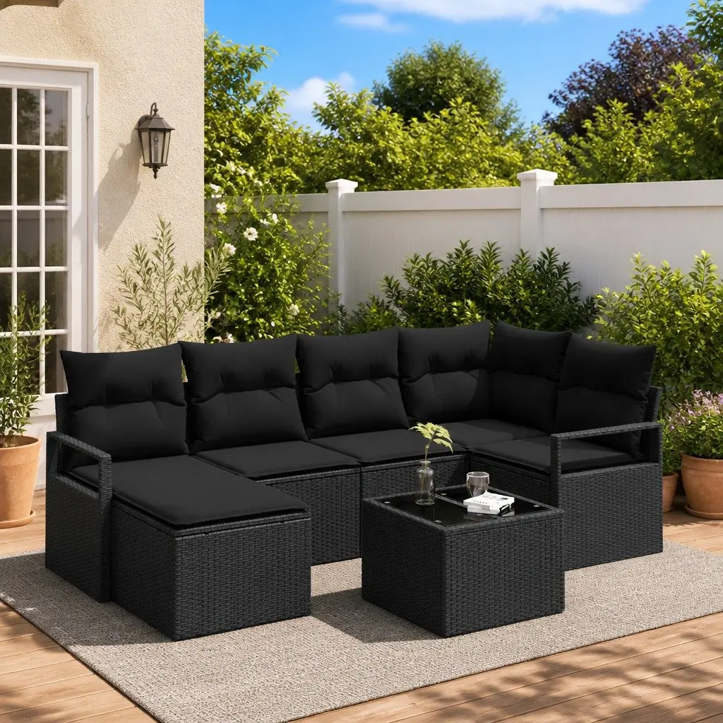 Outdoor Sofa Set 7 Pcs Black Poly Rattan Modular Seating Storage Cushions