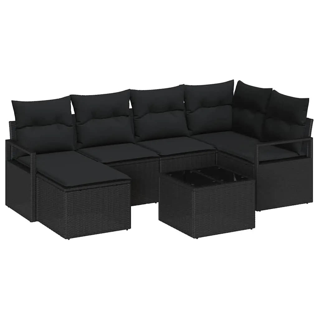 Outdoor Sofa Set 7 Pcs Black Poly Rattan Modular Seating Storage Cushions