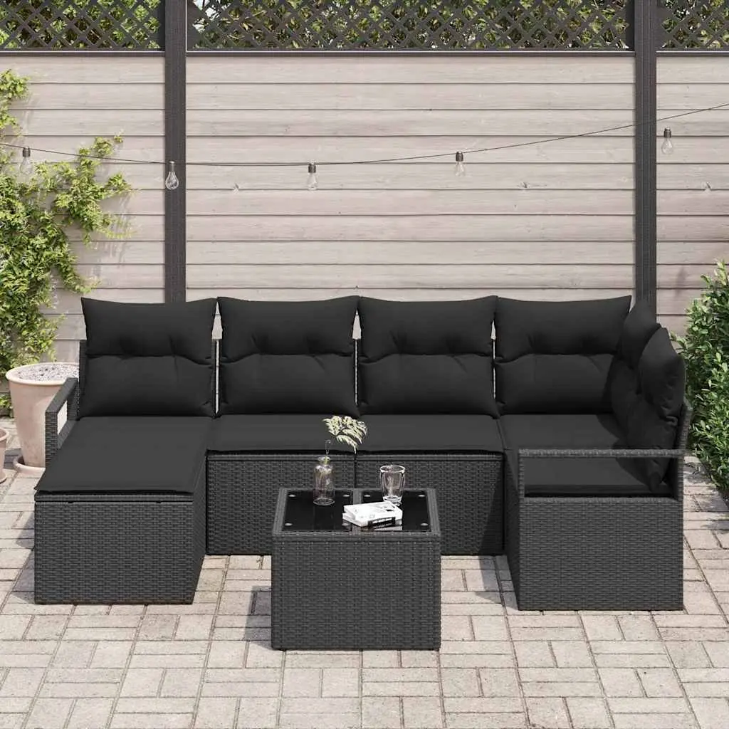 Outdoor Sofa Set 7 Pcs Black Poly Rattan Modular Seating Storage Cushions