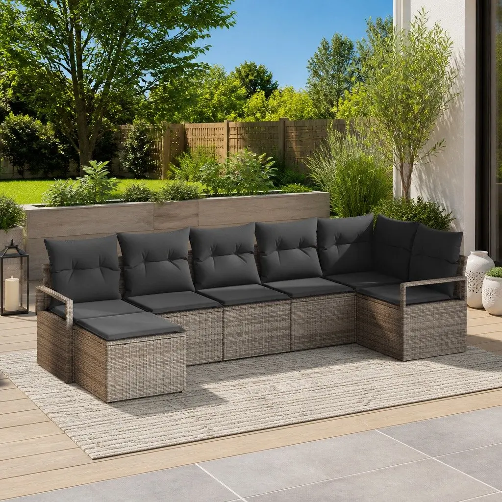 Outdoor Sofa Set Modular Grey Poly Rattan 7 Piece Garden Seating with Storage