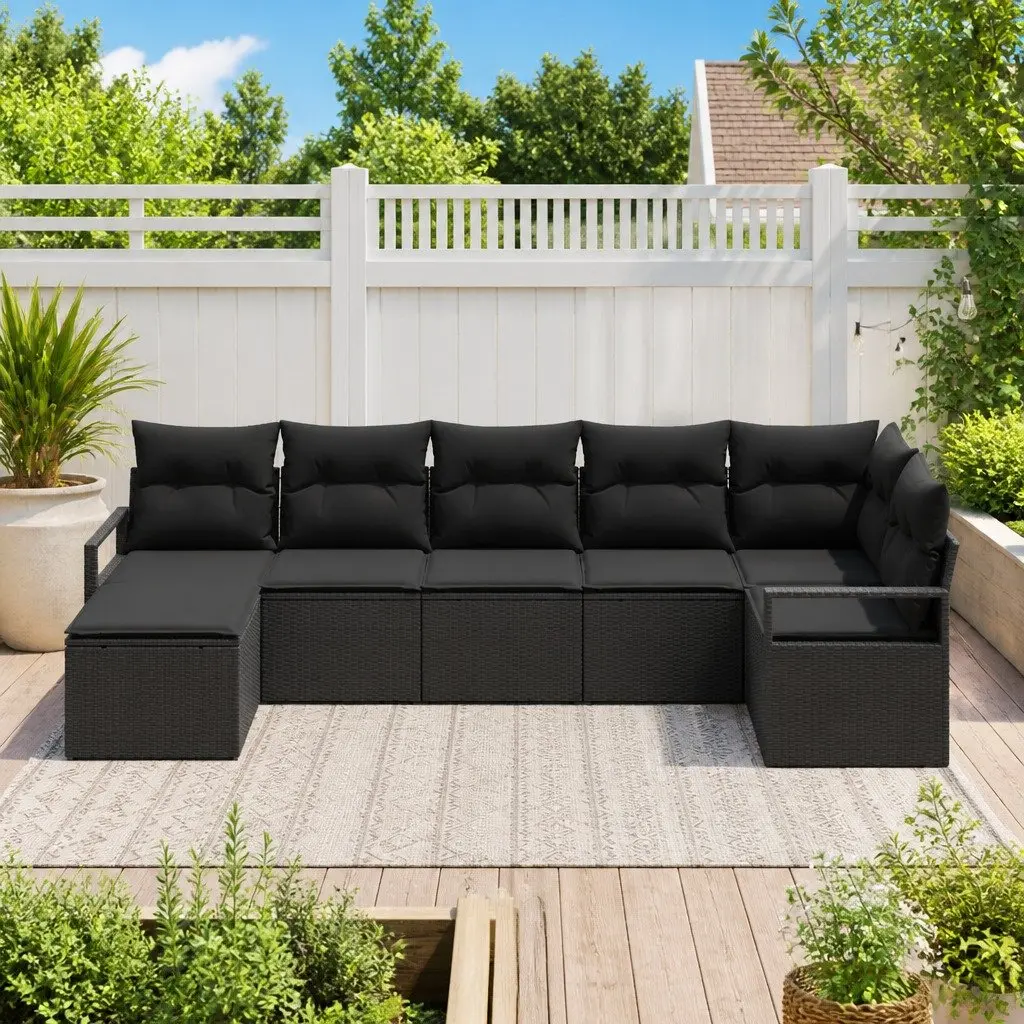 Outdoor Sofa Set 7 Pieces Modular Garden Furniture Black Poly Rattan with