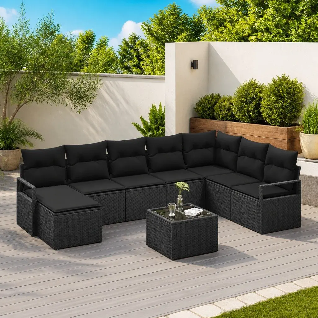 9 Piece Modular Outdoor Sofa Set Black Poly Rattan with Storage